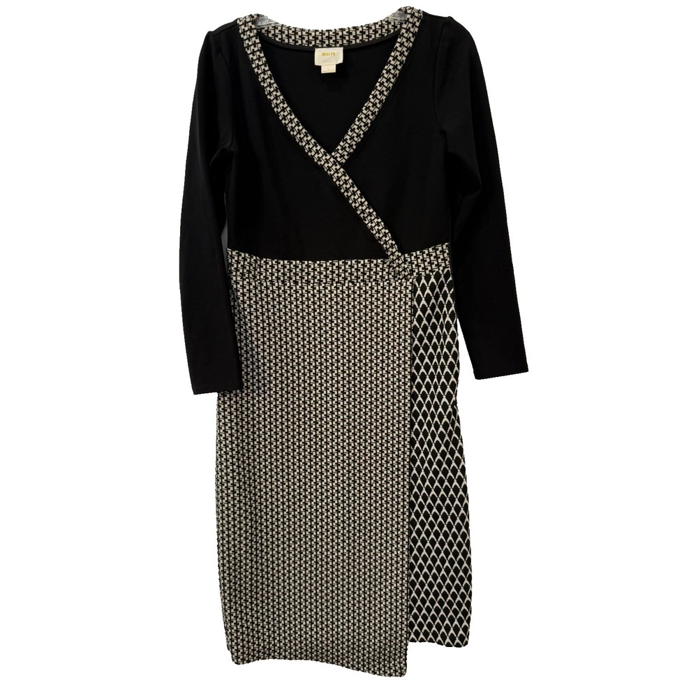 Anthopologie Maeve Dacca Dress Size 8 Black‎ & White Faux Wrap Midi